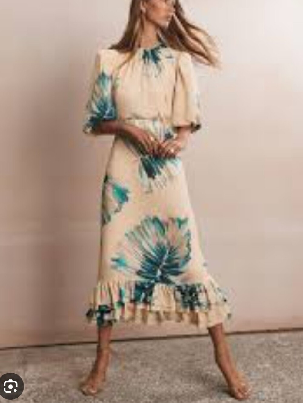 Cream Midi Dress with Teal Floral Print and Ruffle Hem